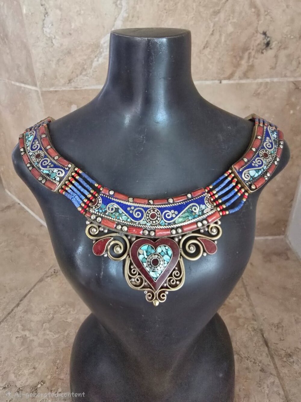 Indonesian Natural Stone Boho Artisan Heart Collar Statement Necklace